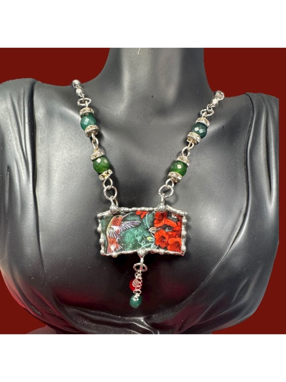 Lena Liu Hummingbird Broken China Pendant  Bezel Red & Green Quartz Necklace - Picture 8 of 15